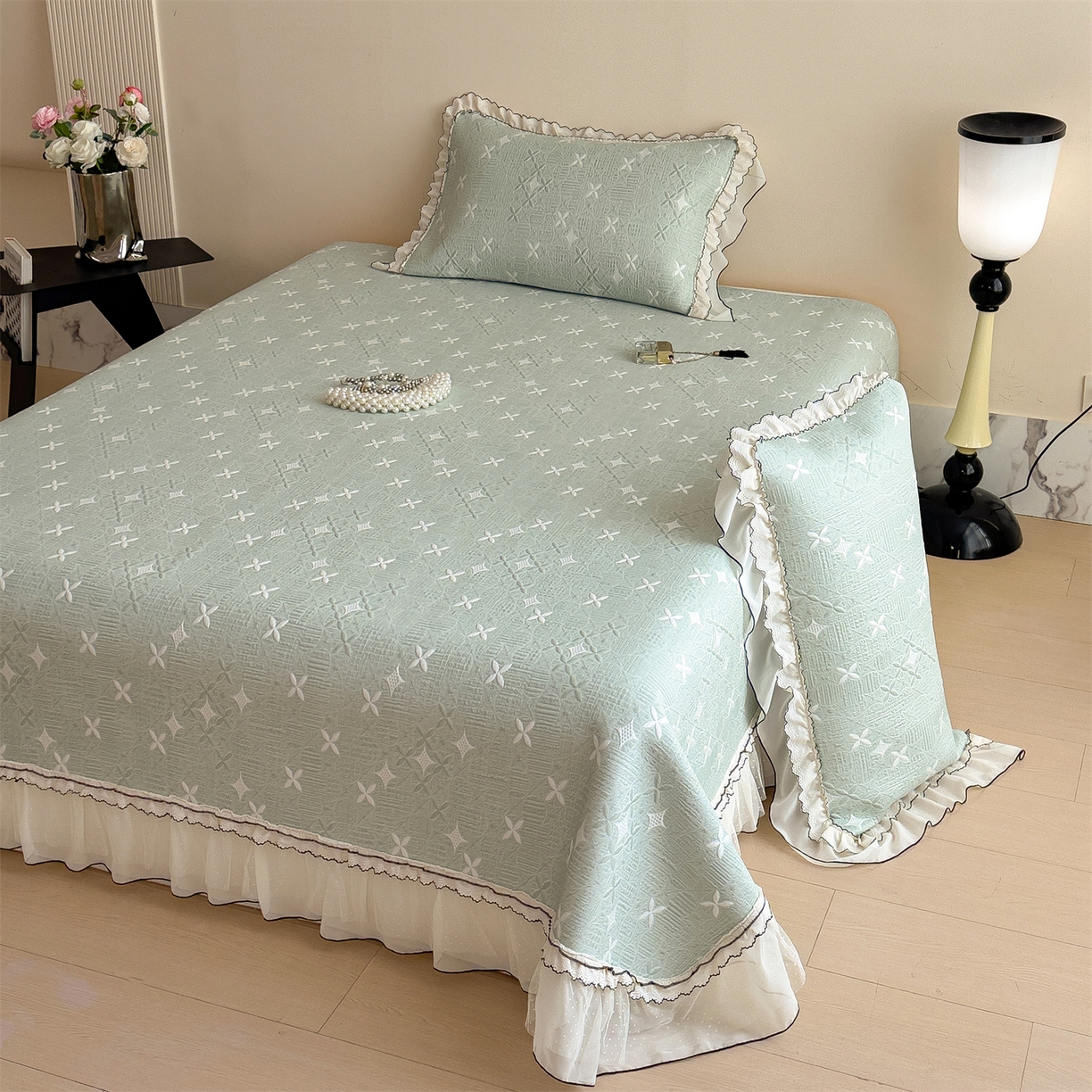 91家纺网 家纺一手货源 找家纺 慕木家纺 2026新款满天星系列冰豆豆凉席(三明治复合)乙纶面料 满天星-绿