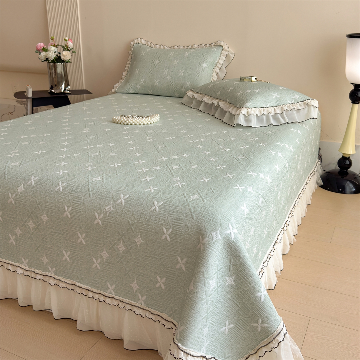 91家纺网 家纺一手货源 找家纺 慕木家纺 2026新款满天星系列冰豆豆凉席(三明治复合)乙纶面料 满天星-绿