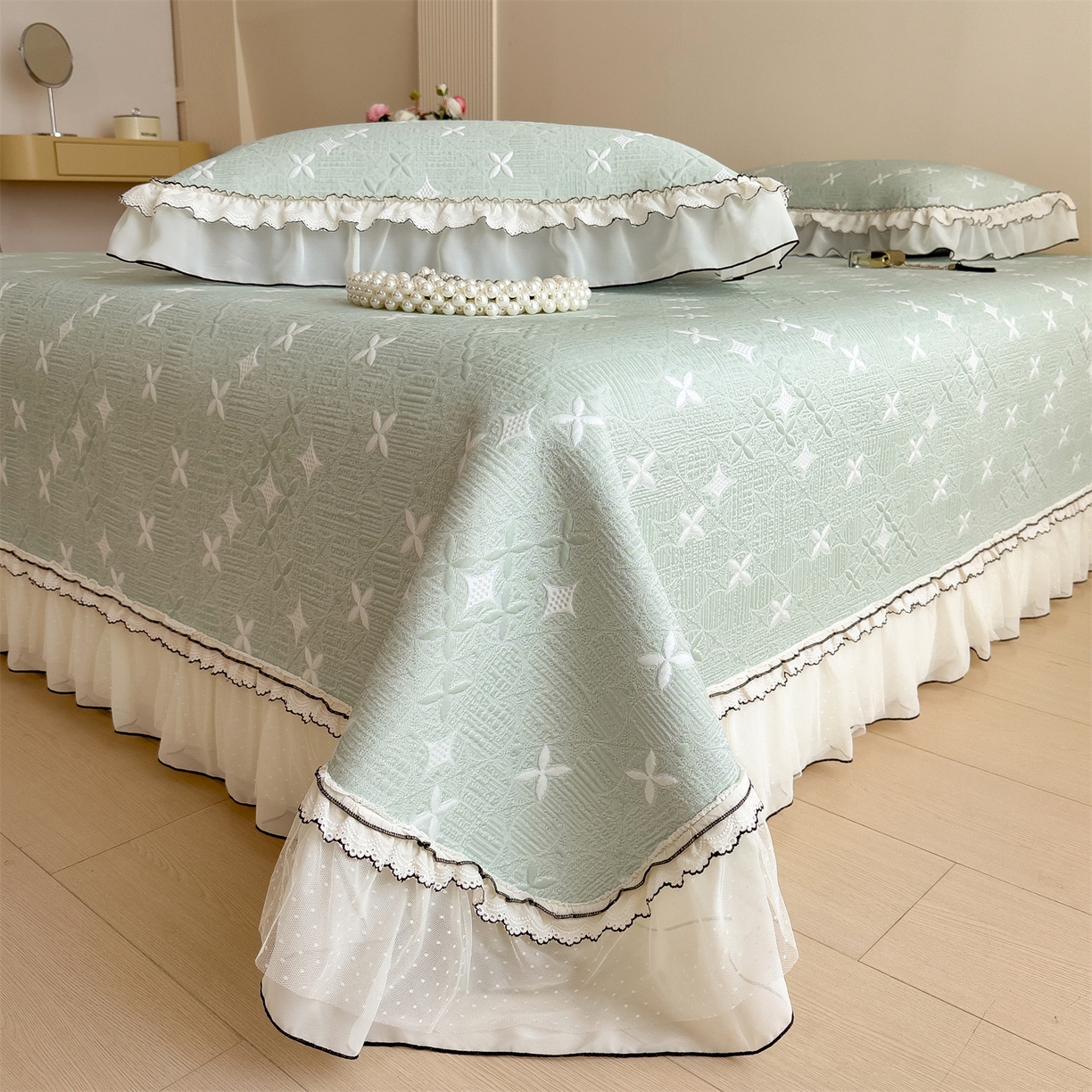 91家纺网 家纺一手货源 找家纺 慕木家纺 2026新款满天星系列冰豆豆凉席(三明治复合)乙纶面料 满天星-绿