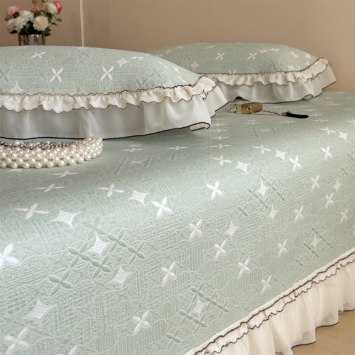 91家纺网 家纺一手货源 找家纺 慕木家纺 2026新款满天星系列冰豆豆凉席(三明治复合)乙纶面料 满天星-绿