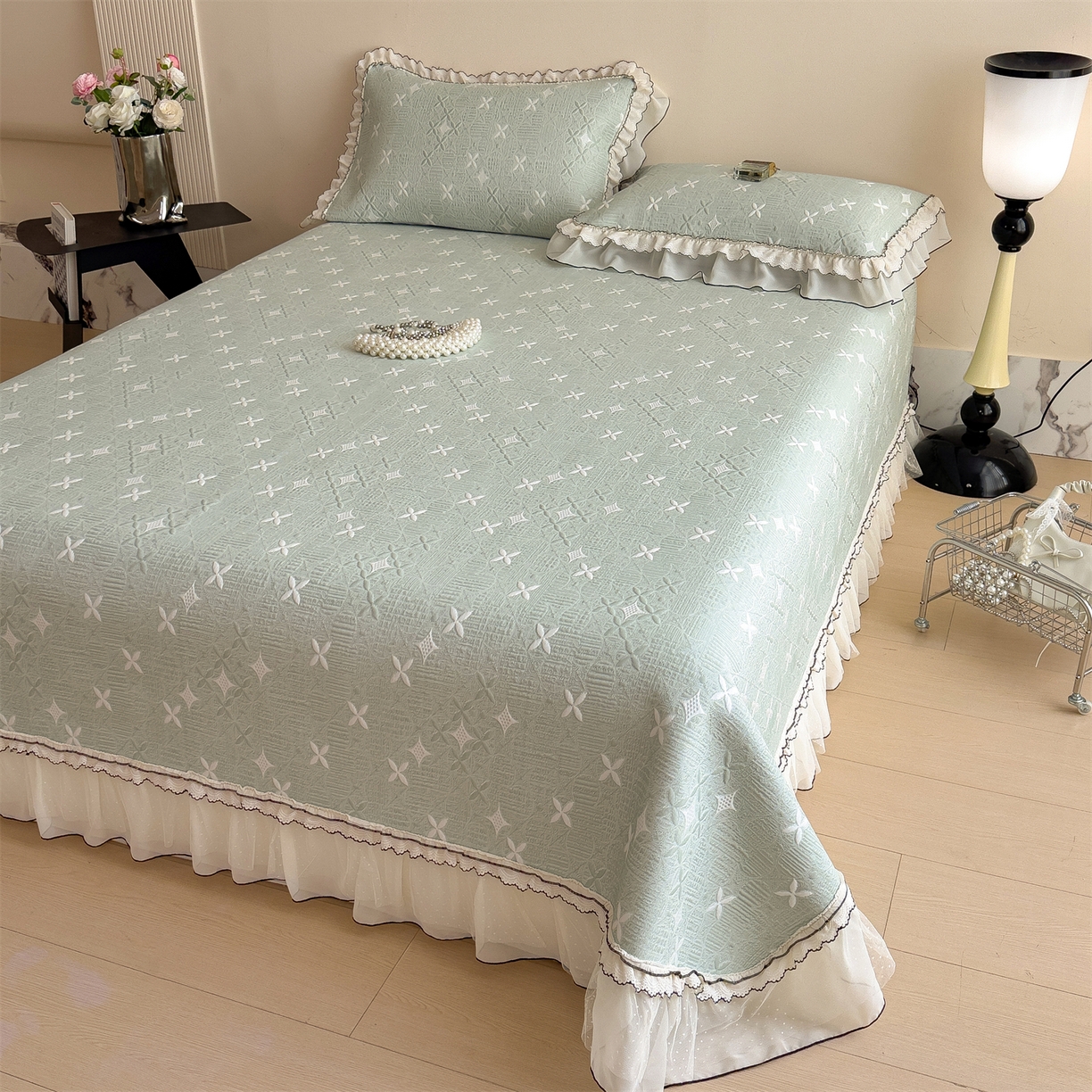 91家纺网 家纺一手货源 找家纺 慕木家纺 2026新款满天星系列冰豆豆凉席(三明治复合)乙纶面料 满天星-绿