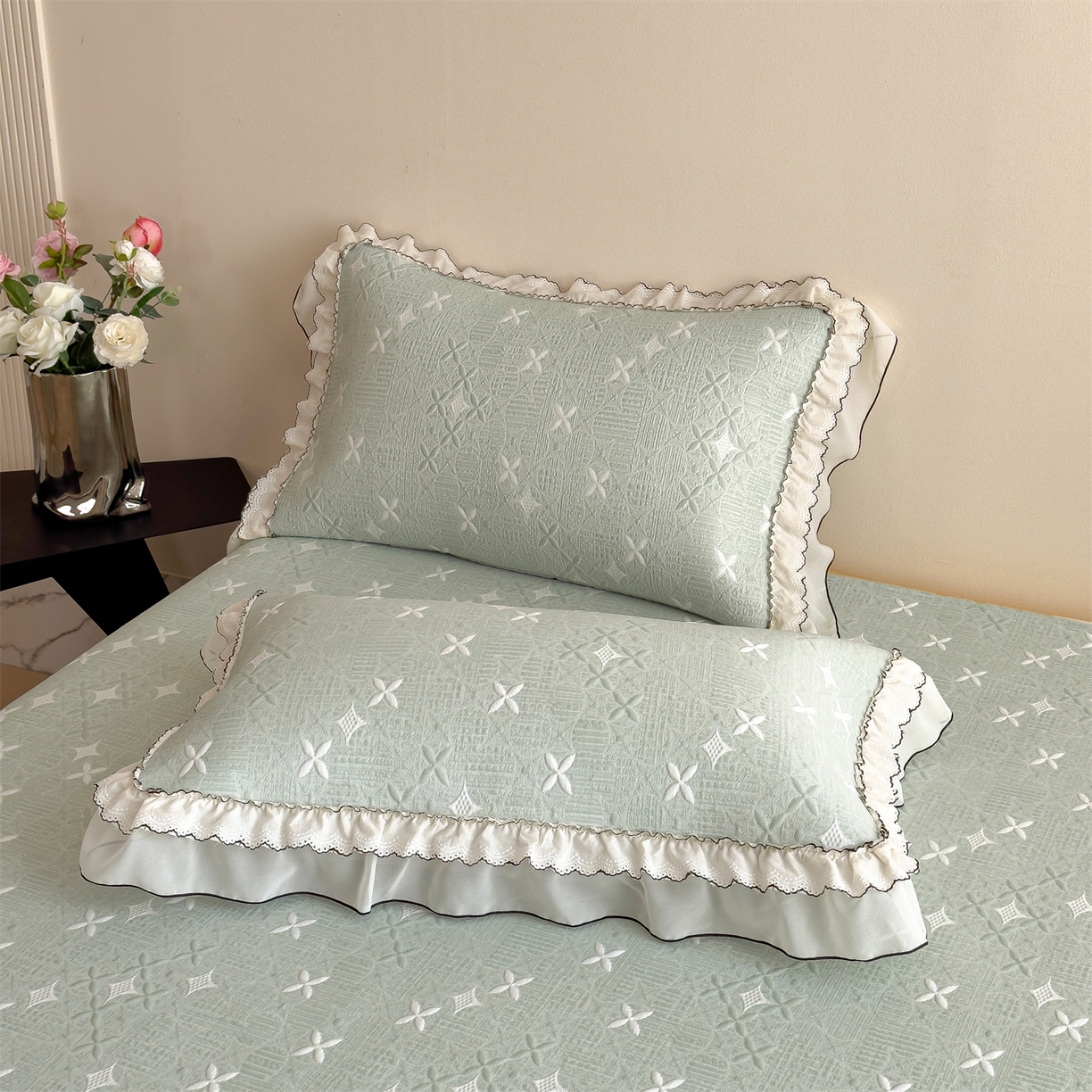 91家纺网 家纺一手货源 找家纺 慕木家纺 2026新款满天星系列冰豆豆凉席(三明治复合)乙纶面料 满天星-绿