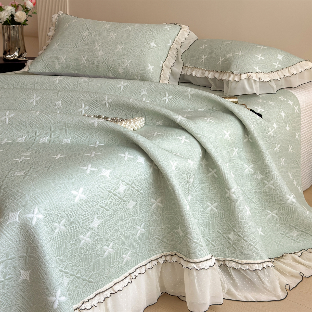 91家纺网 家纺一手货源 找家纺 慕木家纺 2026新款满天星系列冰豆豆凉席(三明治复合)乙纶面料 满天星-绿