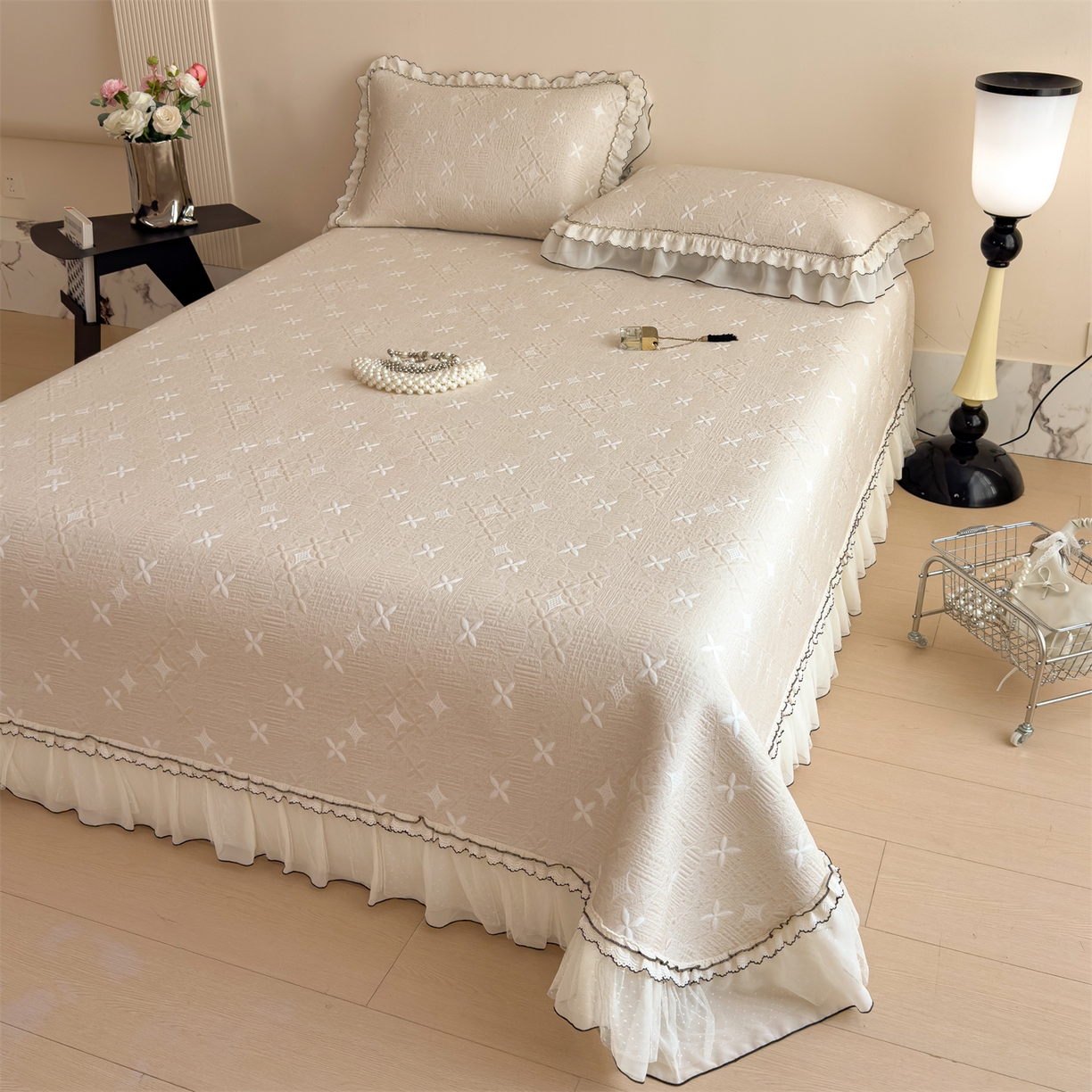 91家纺网 家纺一手货源 找家纺 慕木家纺 2026新款满天星系列冰豆豆凉席(三明治复合)乙纶面料 满天星-卡其