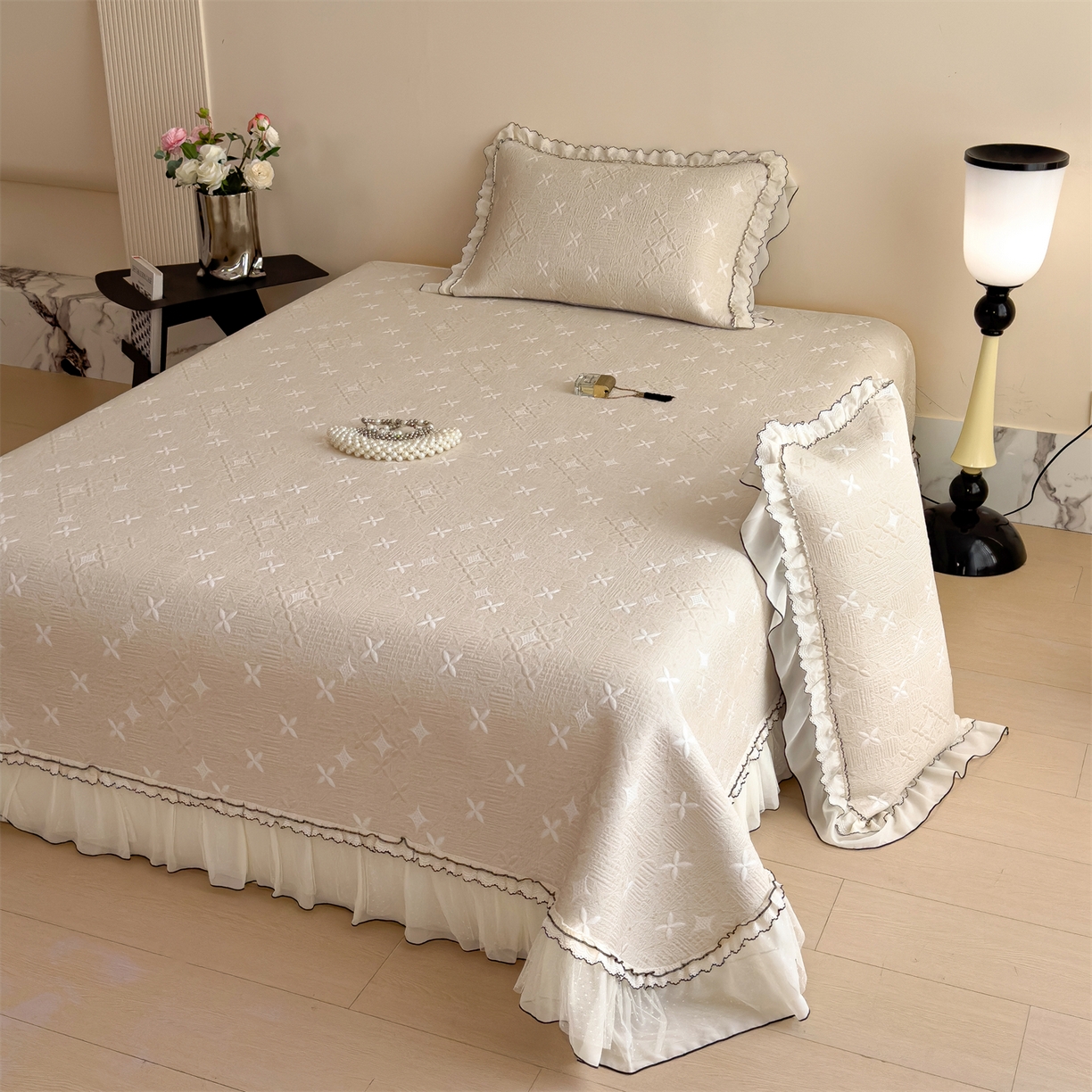 91家纺网 家纺一手货源 找家纺 慕木家纺 2026新款满天星系列冰豆豆凉席(三明治复合)乙纶面料 满天星-卡其