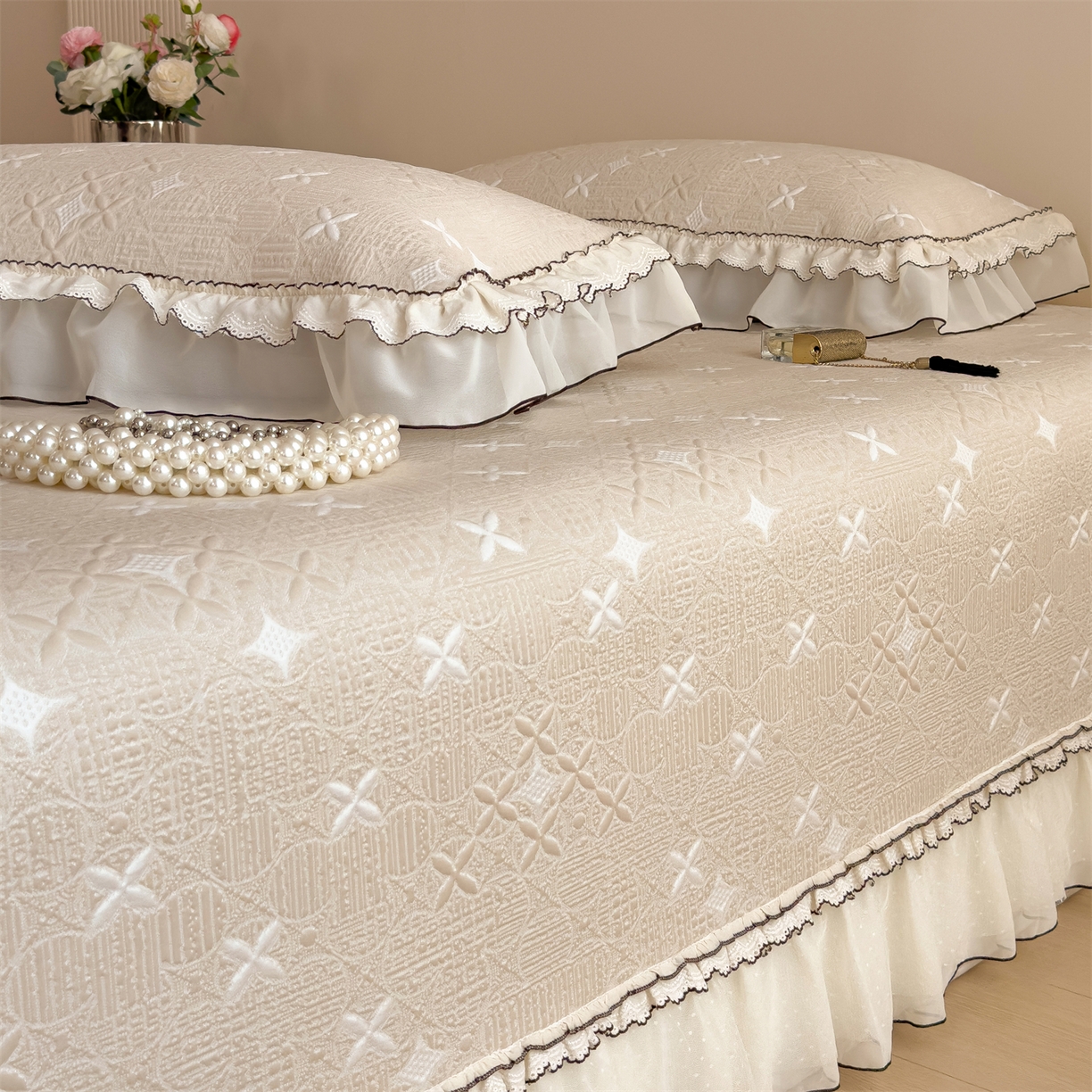 91家纺网 家纺一手货源 找家纺 慕木家纺 2026新款满天星系列冰豆豆凉席(三明治复合)乙纶面料 满天星-卡其