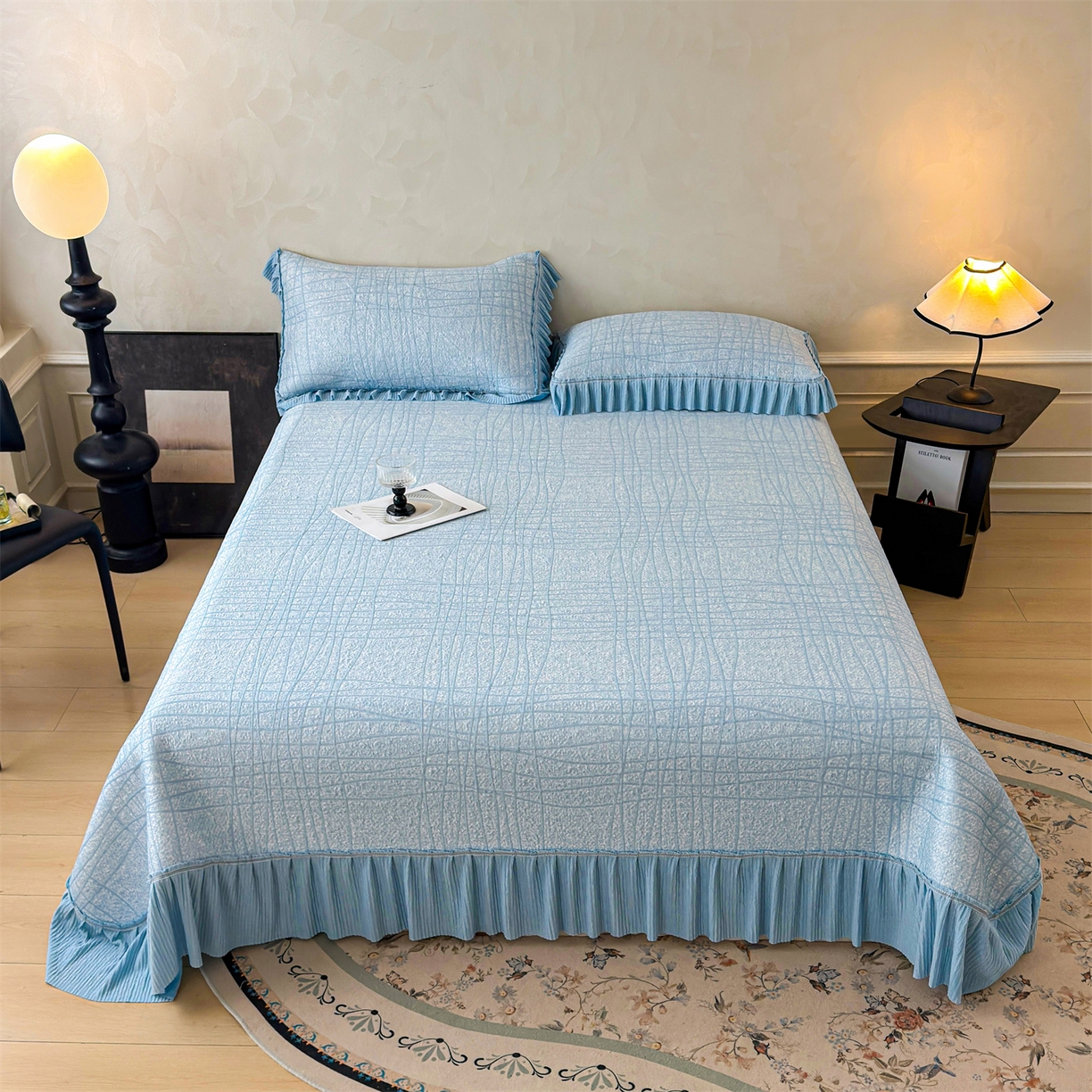 91家纺网 家纺一手货源 找家纺 慕木家纺 2026新款满天星系列冰豆豆凉席(三明治复合)乙纶面料 罗马曲线-蓝