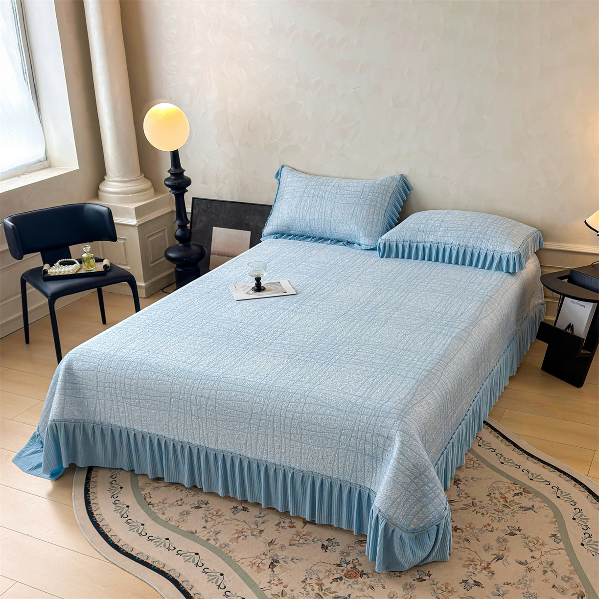 91家纺网 家纺一手货源 找家纺 慕木家纺 2026新款满天星系列冰豆豆凉席(三明治复合)乙纶面料 罗马曲线-蓝