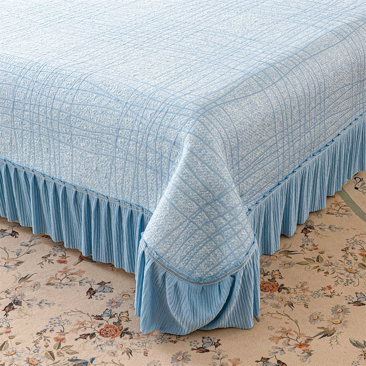 91家纺网 家纺一手货源 找家纺 慕木家纺 2026新款满天星系列冰豆豆凉席(三明治复合)乙纶面料 罗马曲线-蓝