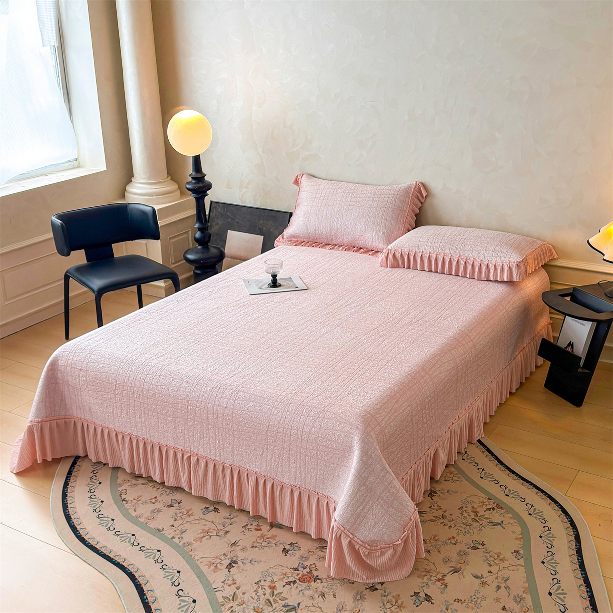 91家纺网 家纺一手货源 找家纺 慕木家纺 2026新款满天星系列冰豆豆凉席(三明治复合)乙纶面料 罗马曲线-粉