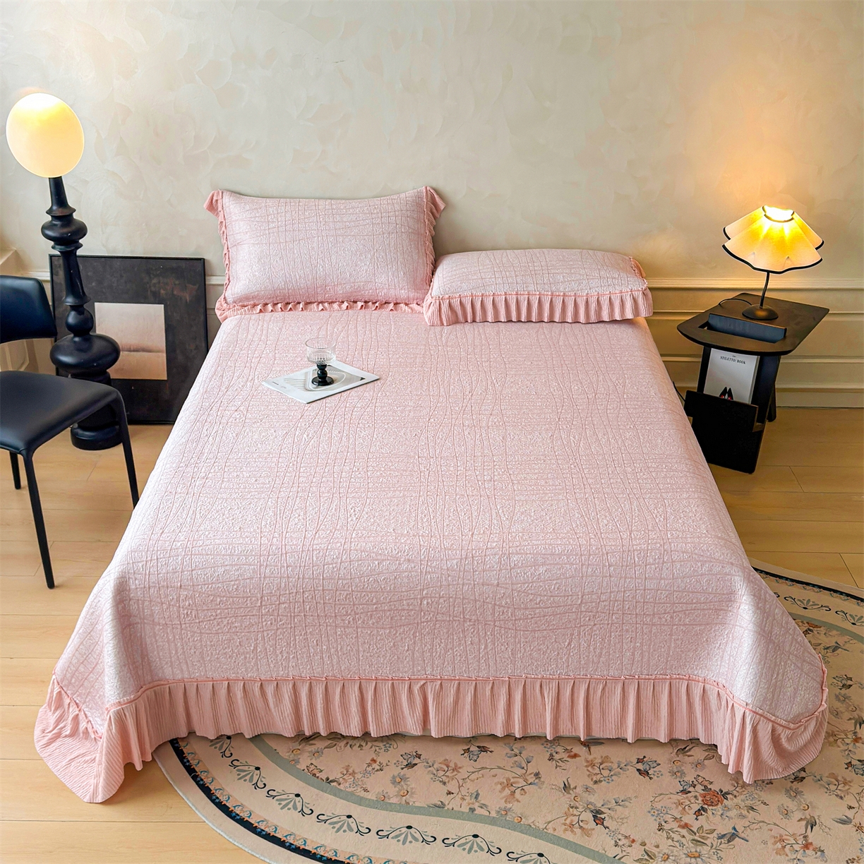 91家纺网 家纺一手货源 找家纺 慕木家纺 2026新款满天星系列冰豆豆凉席(三明治复合)乙纶面料 罗马曲线-粉