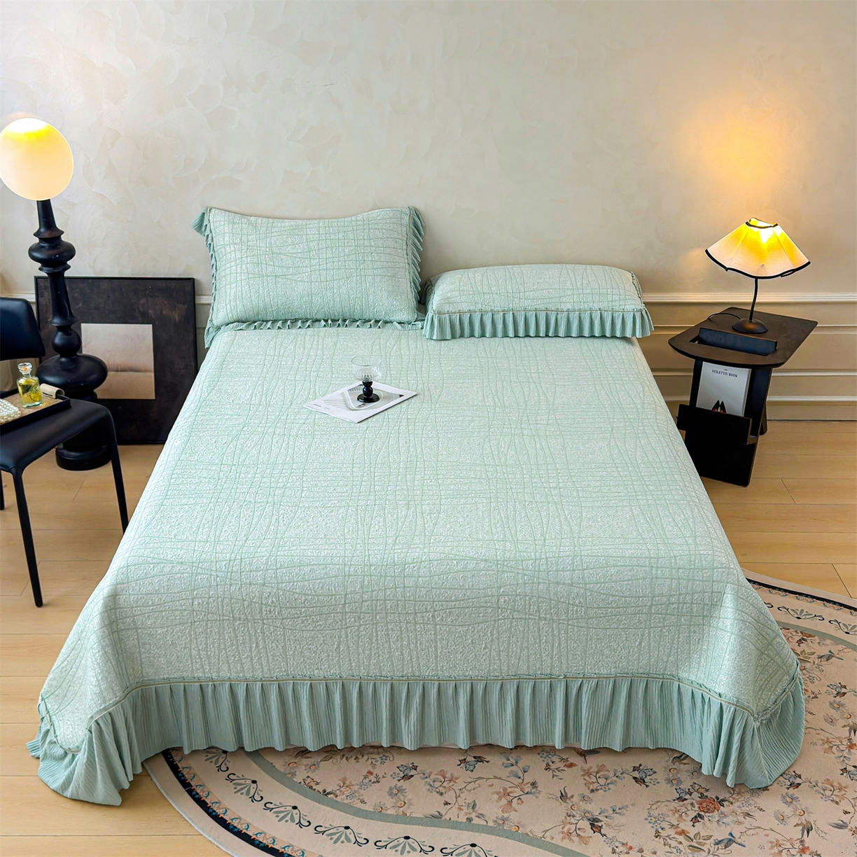 91家纺网 家纺一手货源 找家纺 慕木家纺 2026新款满天星系列冰豆豆凉席(三明治复合)乙纶面料 罗马曲线-绿