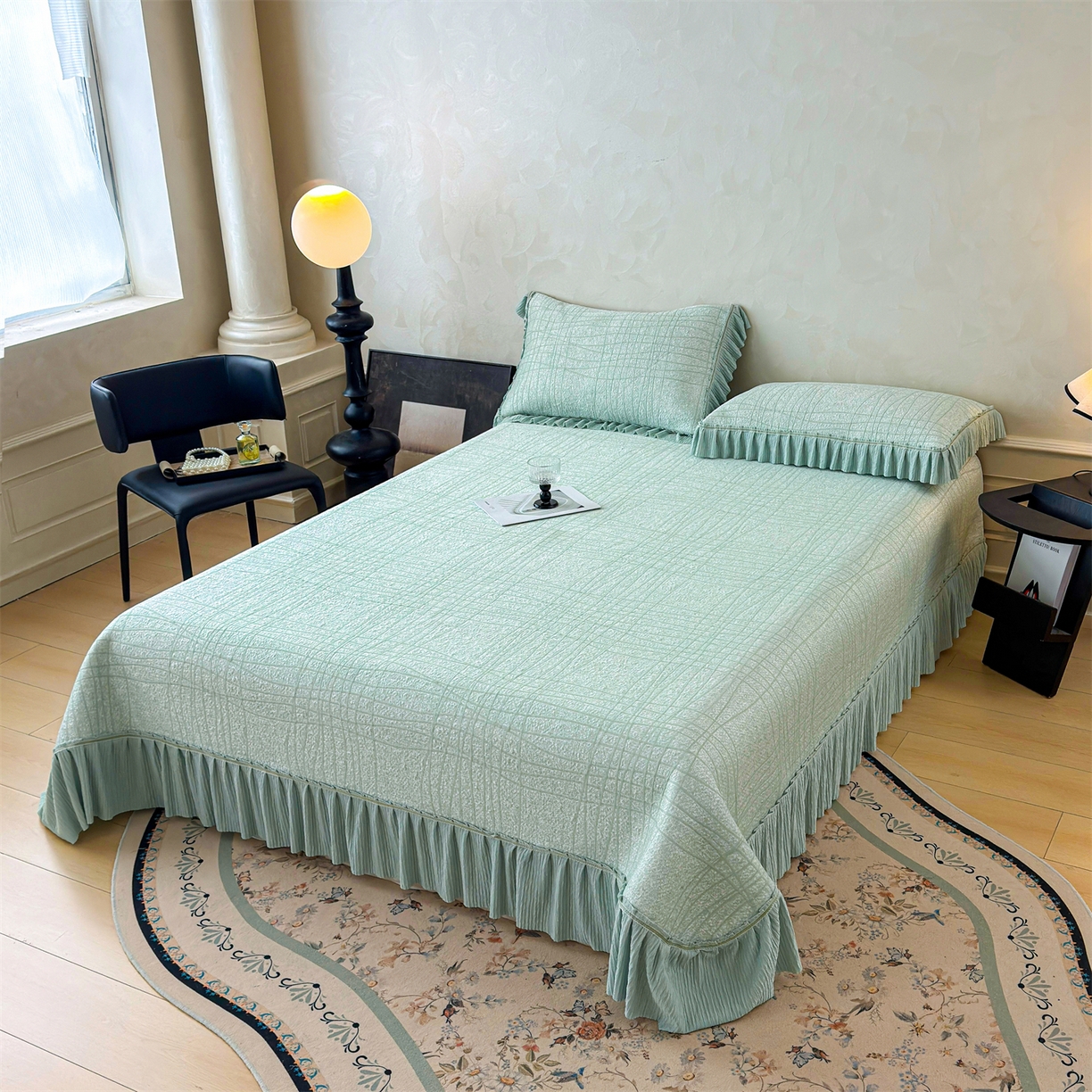 91家纺网 家纺一手货源 找家纺 慕木家纺 2026新款满天星系列冰豆豆凉席(三明治复合)乙纶面料 罗马曲线-绿