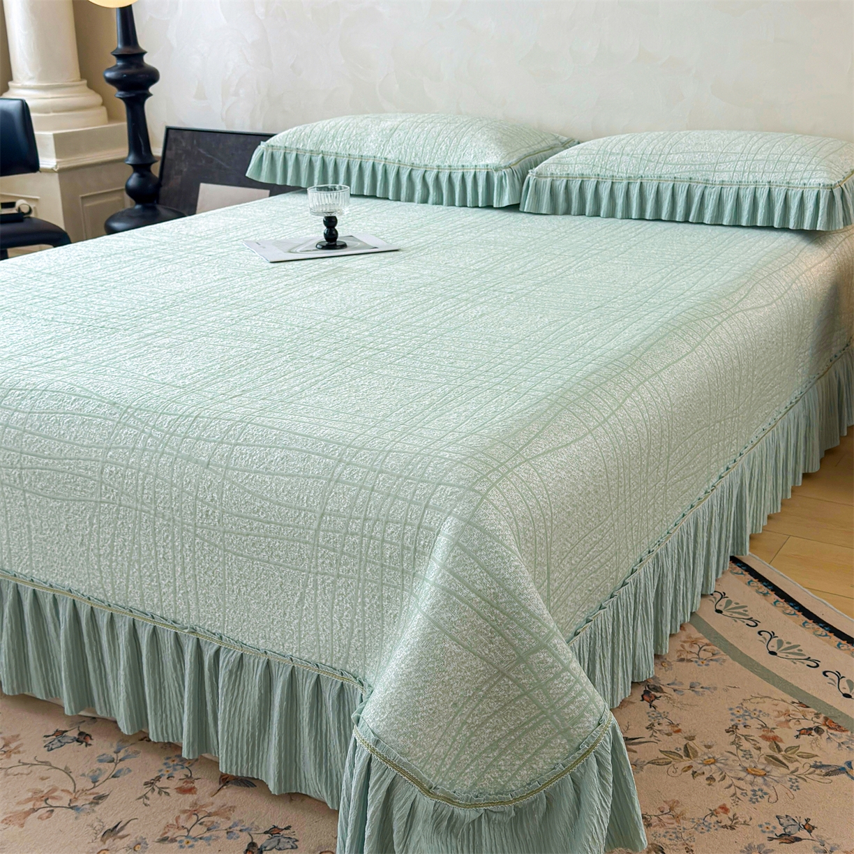 91家纺网 家纺一手货源 找家纺 慕木家纺 2026新款满天星系列冰豆豆凉席(三明治复合)乙纶面料 罗马曲线-绿