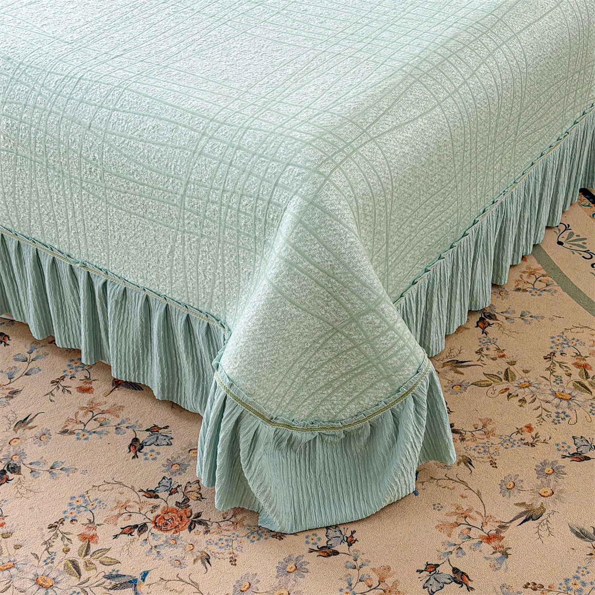 91家纺网 家纺一手货源 找家纺 慕木家纺 2026新款满天星系列冰豆豆凉席(三明治复合)乙纶面料 罗马曲线-绿