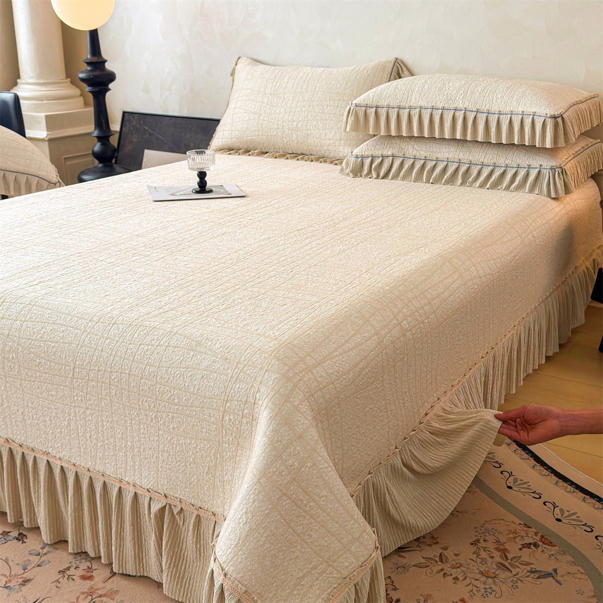 91家纺网 家纺一手货源 找家纺 慕木家纺 2026新款满天星系列冰豆豆凉席(三明治复合)乙纶面料 罗马曲线-卡其