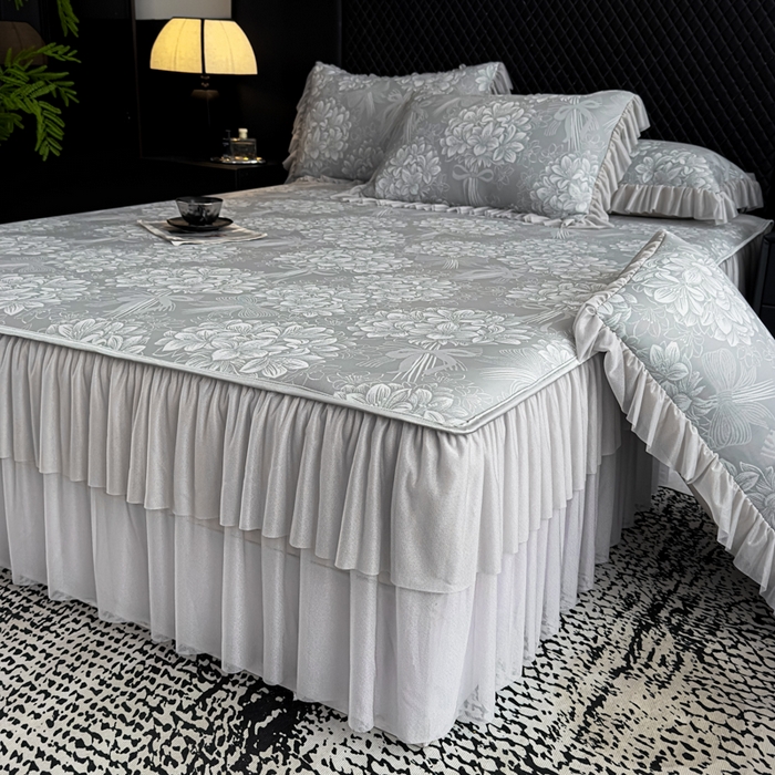 家之硕家纺 2026春夏新款凉感提花床裙款凉席席子 百合捧花--浅灰