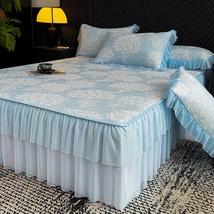 家之硕家纺 2026春夏新款凉感提花床裙款凉席席子 百合捧花--天蓝