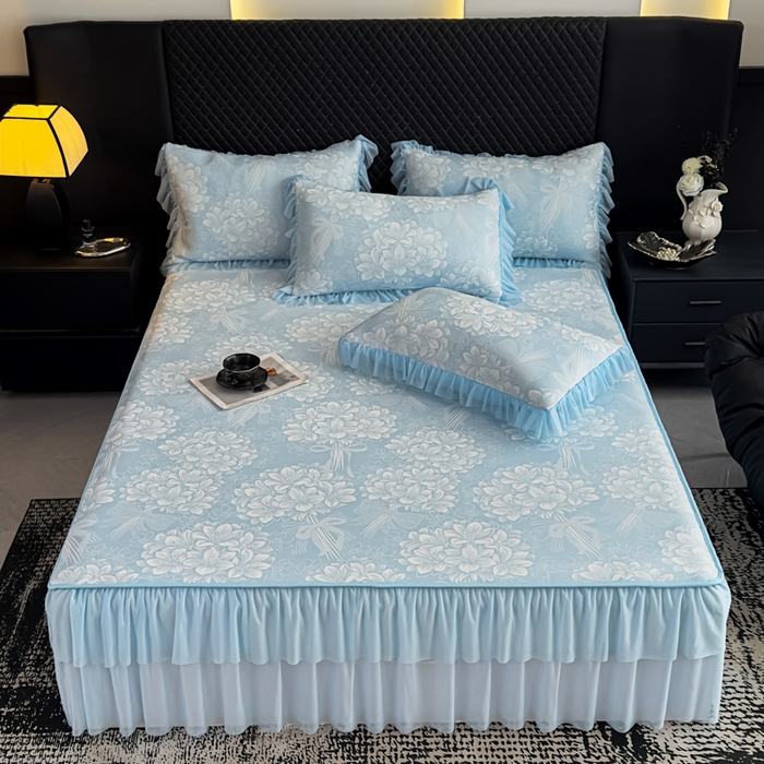 91家纺网 家纺一手货源 找家纺 家之硕家纺 2026春夏新款凉感提花床裙款凉席席子 百合捧花--天蓝