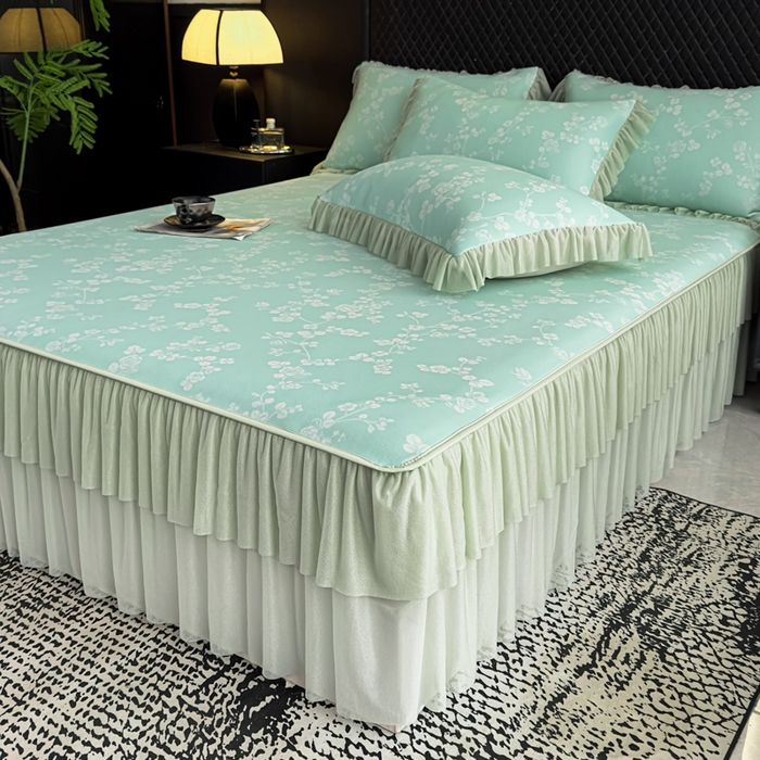 91家纺网 家纺一手货源 找家纺 家之硕家纺 2026春夏新款凉感提花床裙款凉席席子 蔷薇玫瑰--绿