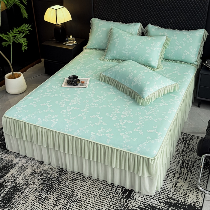 91家纺网 家纺一手货源 找家纺 家之硕家纺 2026春夏新款凉感提花床裙款凉席席子 蔷薇玫瑰--绿