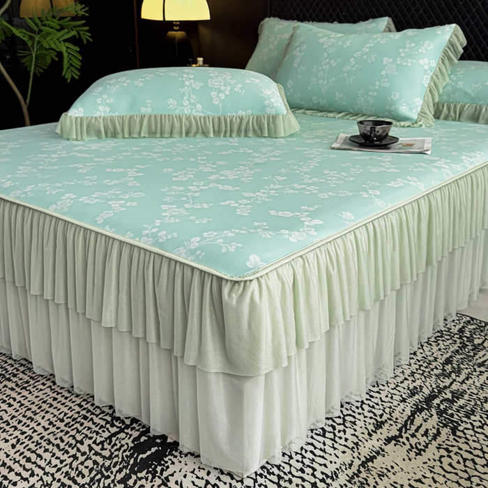 91家纺网 家纺一手货源 找家纺 家之硕家纺 2026春夏新款凉感提花床裙款凉席席子 蔷薇玫瑰--绿