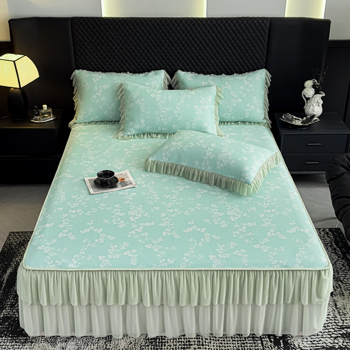 91家纺网 家纺一手货源 找家纺 家之硕家纺 2026春夏新款凉感提花床裙款凉席席子 蔷薇玫瑰--绿