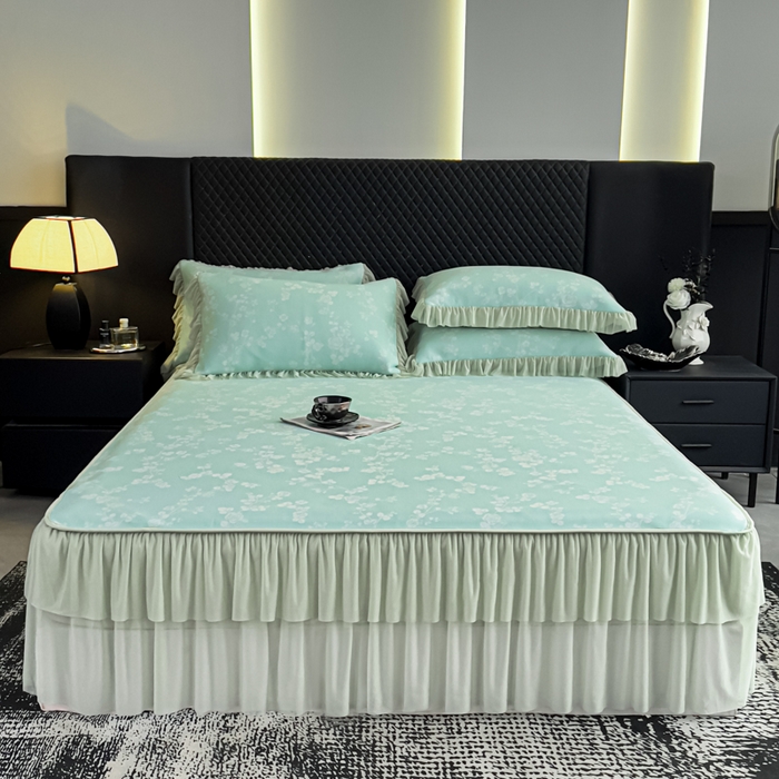 91家纺网 家纺一手货源 找家纺 家之硕家纺 2026春夏新款凉感提花床裙款凉席席子 蔷薇玫瑰--绿