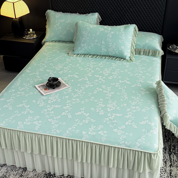 91家纺网 家纺一手货源 找家纺 家之硕家纺 2026春夏新款凉感提花床裙款凉席席子 蔷薇玫瑰--绿