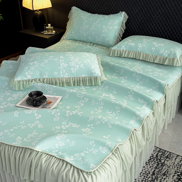 91家纺网 家纺一手货源 找家纺 家之硕家纺 2026春夏新款凉感提花床裙款凉席席子 蔷薇玫瑰--绿