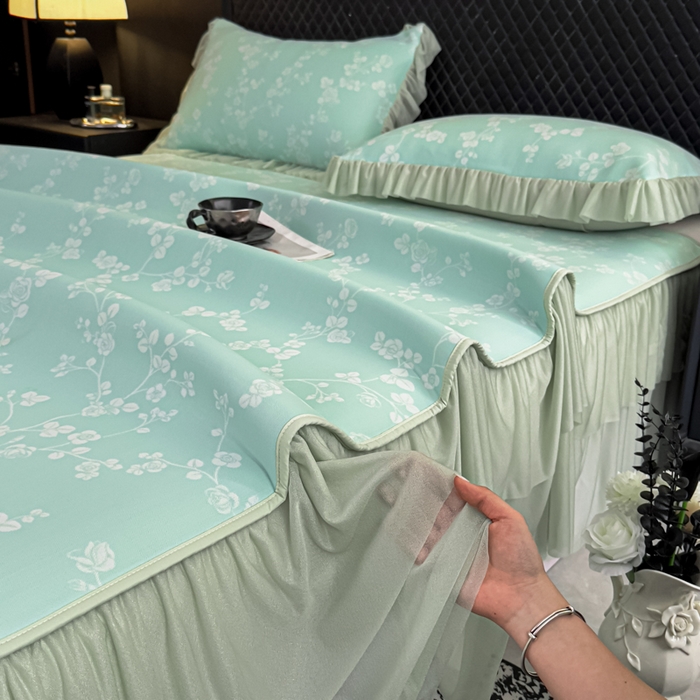 91家纺网 家纺一手货源 找家纺 家之硕家纺 2026春夏新款凉感提花床裙款凉席席子 蔷薇玫瑰--绿