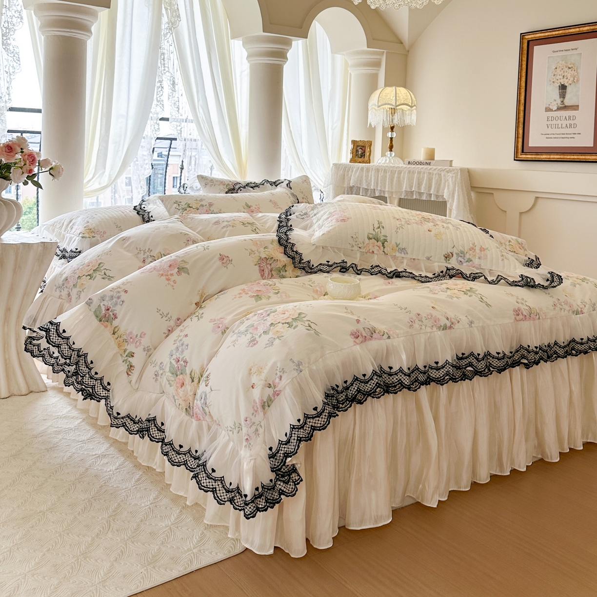 91家纺网 家纺一手货源 找家纺 恋尚 2026春夏新款全棉纯棉印花床裙四件套 床裙四件控价270起 春薇花信