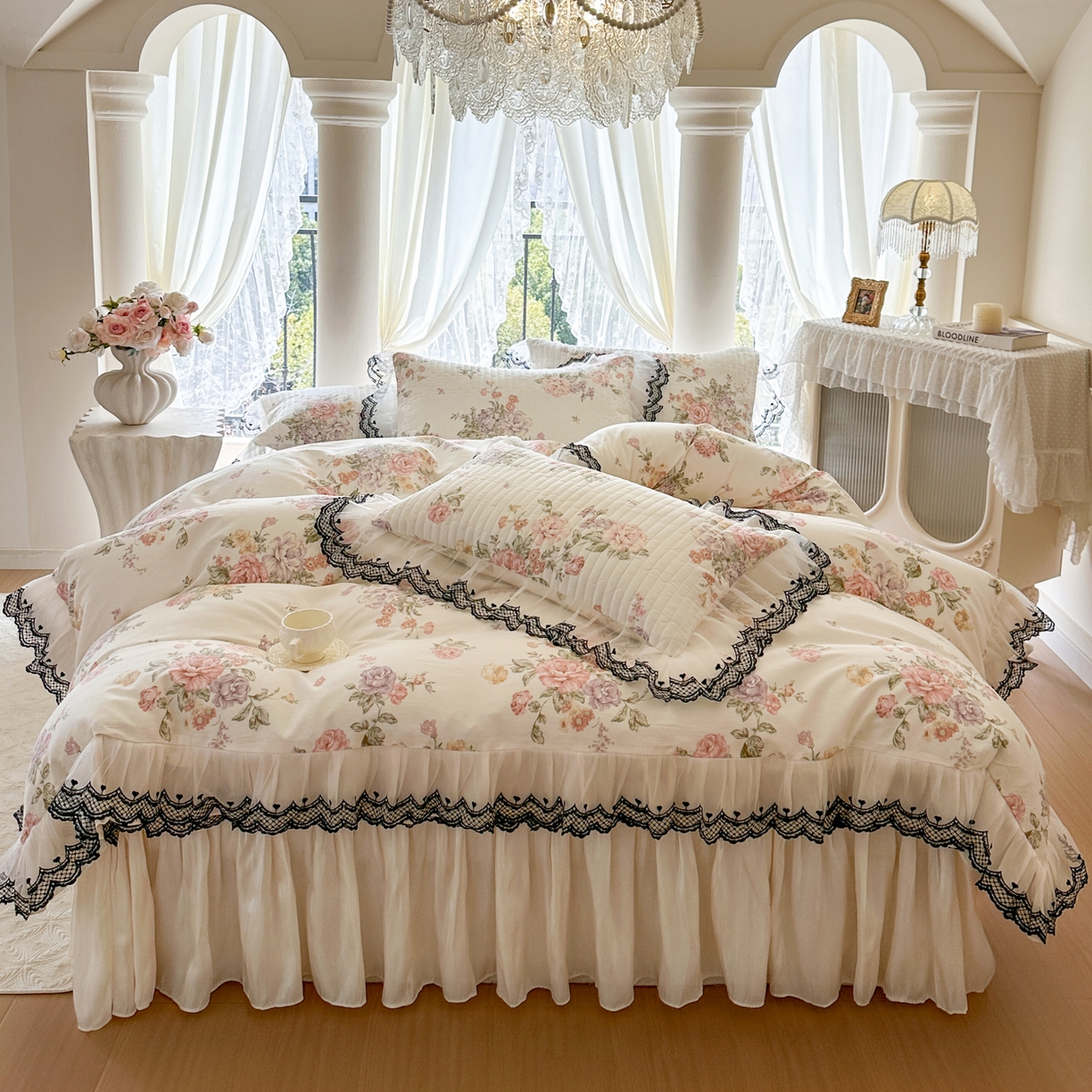 恋尚 2026春夏新款全棉纯棉印花床裙四件套 床裙四件控价270起 繁花香颂