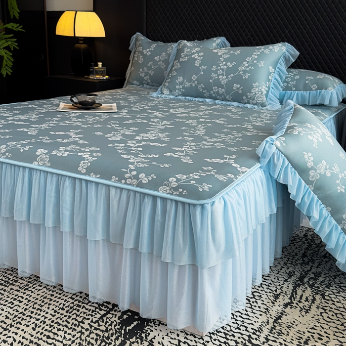 家之硕家纺 2026春夏新款凉感提花床裙款凉席席子 蔷薇玫瑰--深蓝