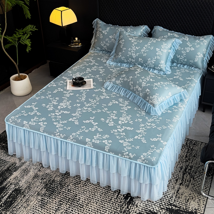 91家纺网 家纺一手货源 找家纺 家之硕家纺 2026春夏新款凉感提花床裙款凉席席子 蔷薇玫瑰--深蓝