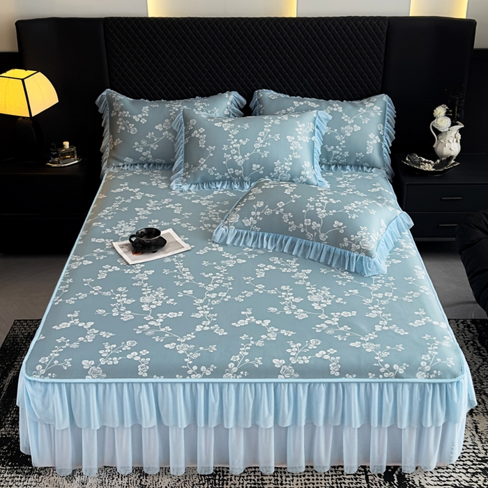 91家纺网 家纺一手货源 找家纺 家之硕家纺 2026春夏新款凉感提花床裙款凉席席子 蔷薇玫瑰--深蓝