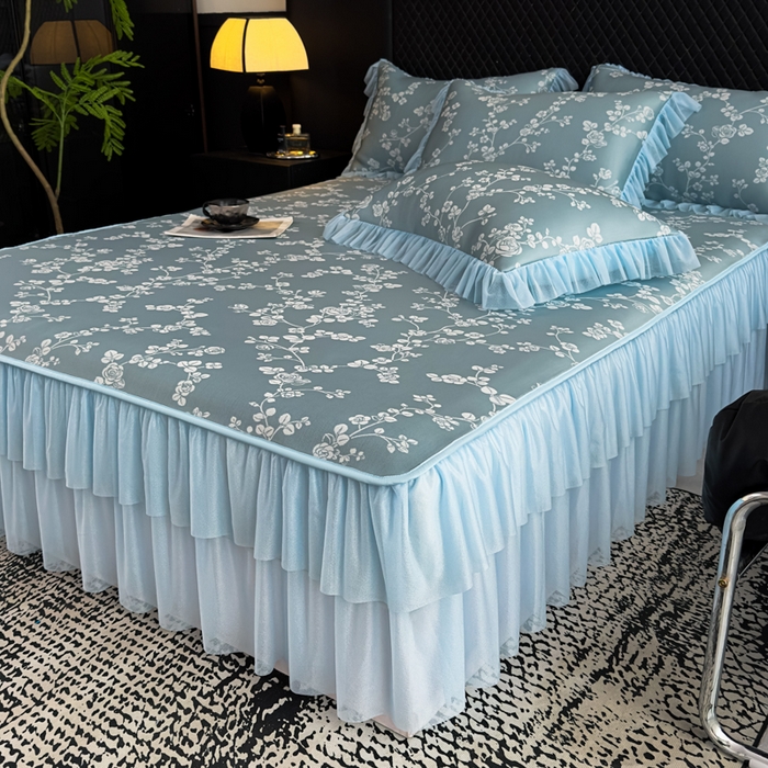 91家纺网 家纺一手货源 找家纺 家之硕家纺 2026春夏新款凉感提花床裙款凉席席子 蔷薇玫瑰--深蓝