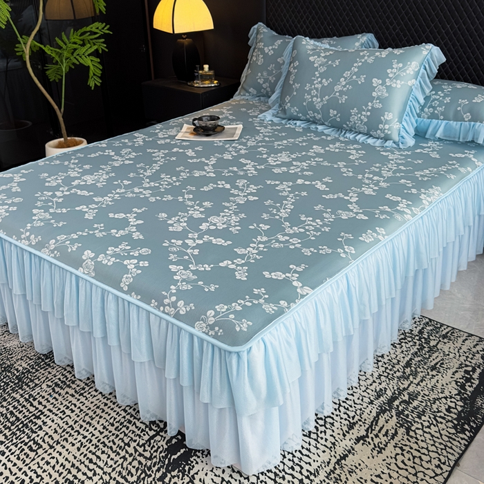 91家纺网 家纺一手货源 找家纺 家之硕家纺 2026春夏新款凉感提花床裙款凉席席子 蔷薇玫瑰--深蓝