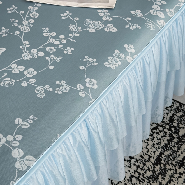 91家纺网 家纺一手货源 找家纺 家之硕家纺 2026春夏新款凉感提花床裙款凉席席子 蔷薇玫瑰--深蓝