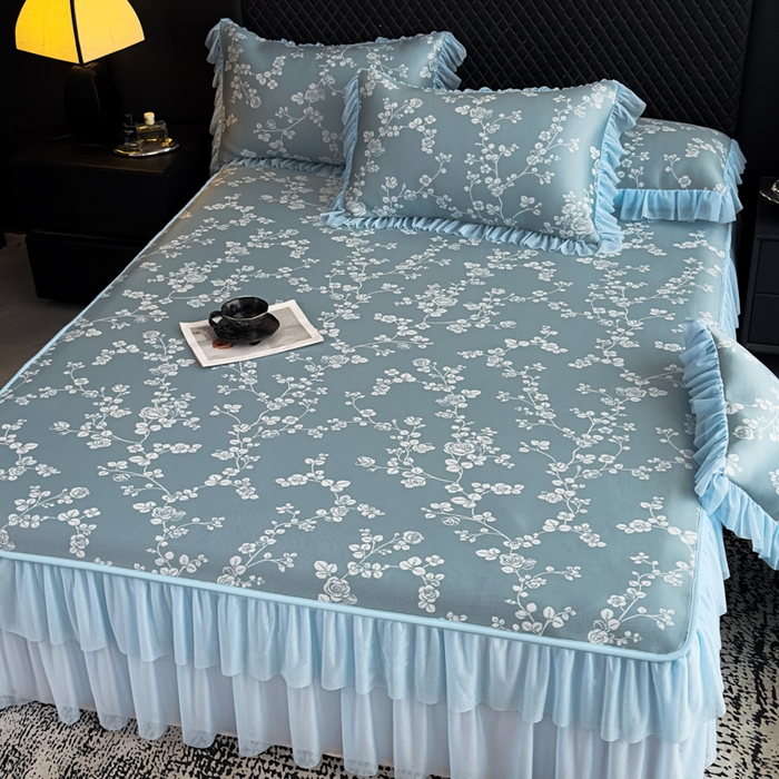 91家纺网 家纺一手货源 找家纺 家之硕家纺 2026春夏新款凉感提花床裙款凉席席子 蔷薇玫瑰--深蓝