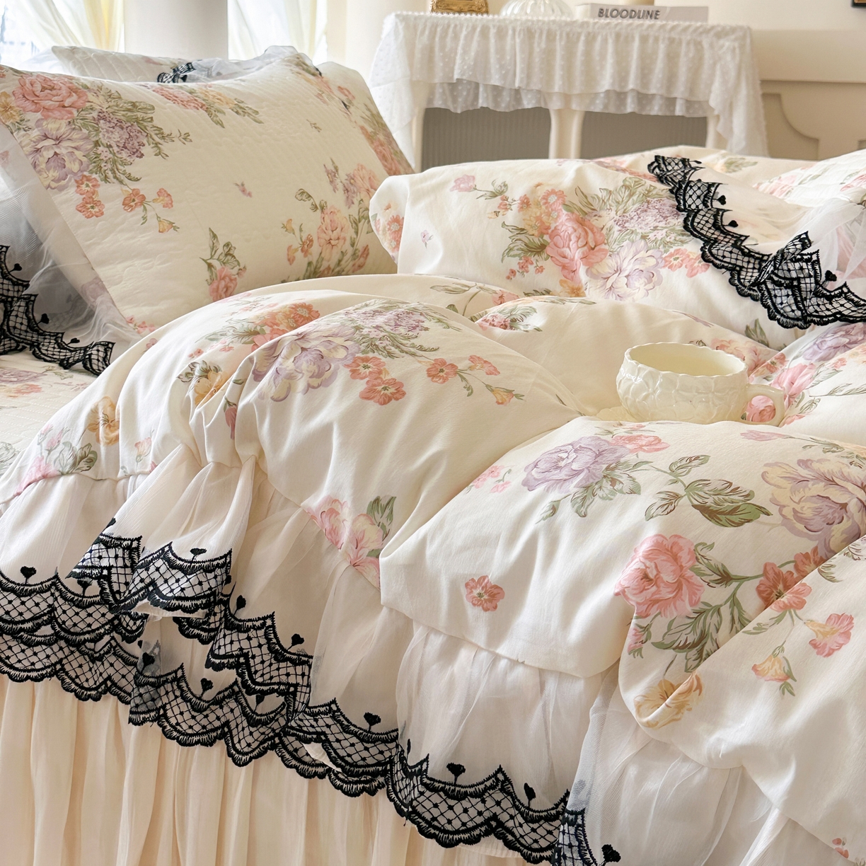 91家纺网 家纺一手货源 找家纺 恋尚 2026春夏新款全棉纯棉印花床裙四件套 床裙四件控价270起 繁花香颂