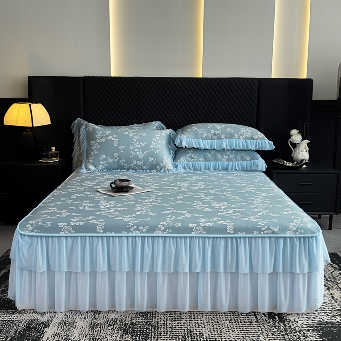 91家纺网 家纺一手货源 找家纺 家之硕家纺 2026春夏新款凉感提花床裙款凉席席子 蔷薇玫瑰--深蓝