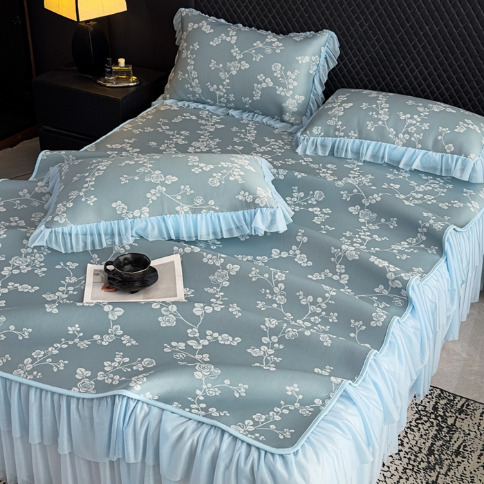 91家纺网 家纺一手货源 找家纺 家之硕家纺 2026春夏新款凉感提花床裙款凉席席子 蔷薇玫瑰--深蓝