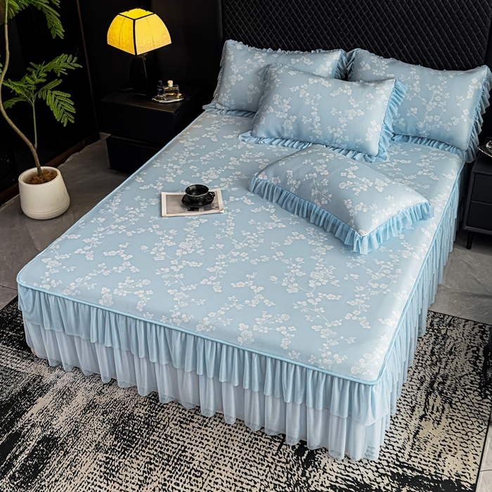 91家纺网 家纺一手货源 找家纺 家之硕家纺 2026春夏新款凉感提花床裙款凉席席子 蔷薇玫瑰--天蓝