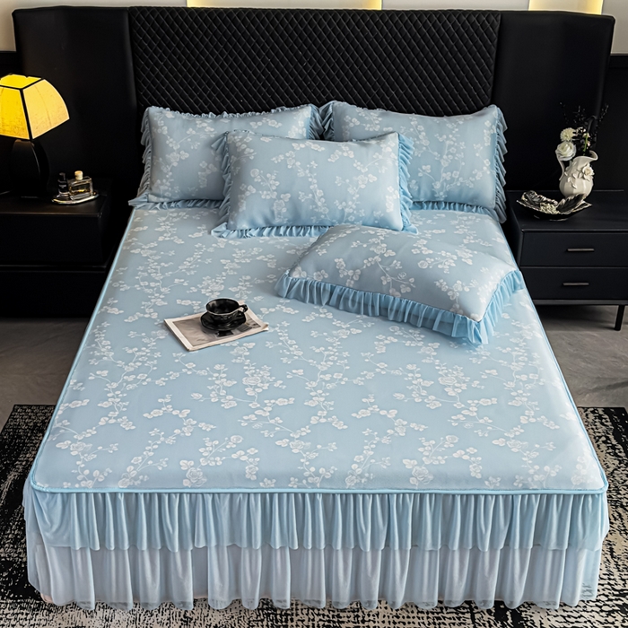 91家纺网 家纺一手货源 找家纺 家之硕家纺 2026春夏新款凉感提花床裙款凉席席子 蔷薇玫瑰--天蓝