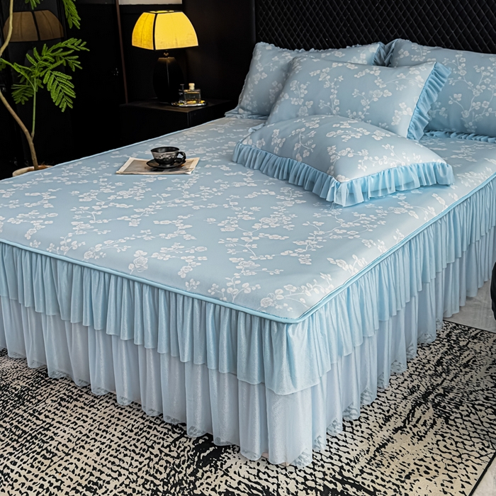 91家纺网 家纺一手货源 找家纺 家之硕家纺 2026春夏新款凉感提花床裙款凉席席子 蔷薇玫瑰--天蓝