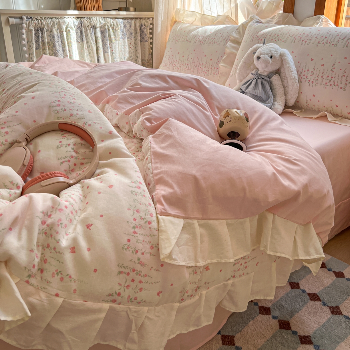 91家纺网 家纺一手货源 找家纺 （总）耀悦家纺 2026新款全棉纯棉双层纱花边四件套a类新中式小清新床笠枕套被套