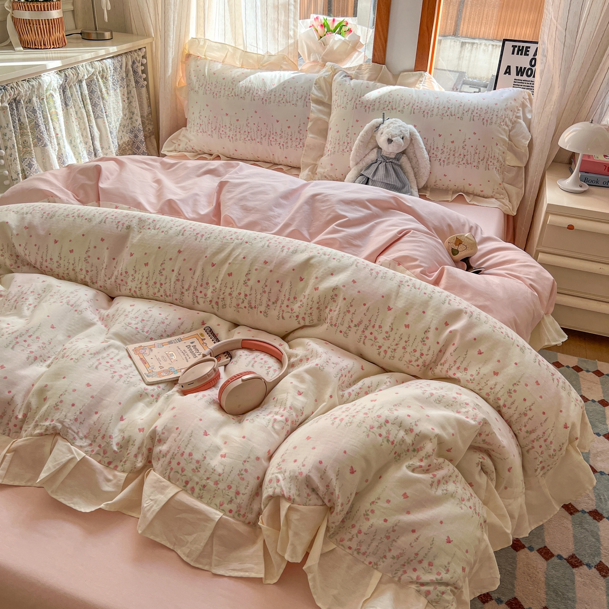 91家纺网 家纺一手货源 找家纺 （总）耀悦家纺 2026新款全棉纯棉双层纱花边四件套a类新中式小清新床笠枕套被套