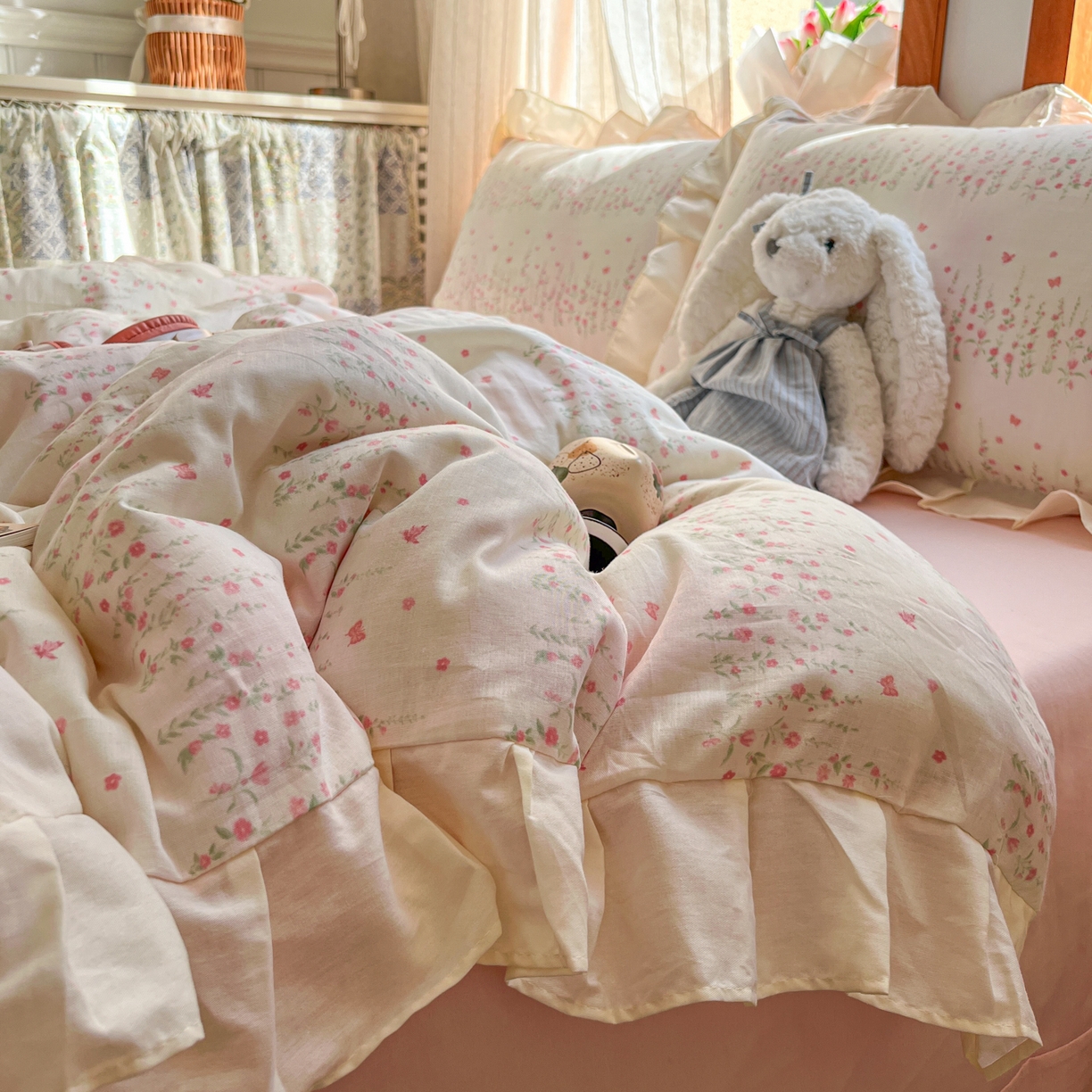 91家纺网 家纺一手货源 找家纺 （总）耀悦家纺 2026新款全棉纯棉双层纱花边四件套a类新中式小清新床笠枕套被套