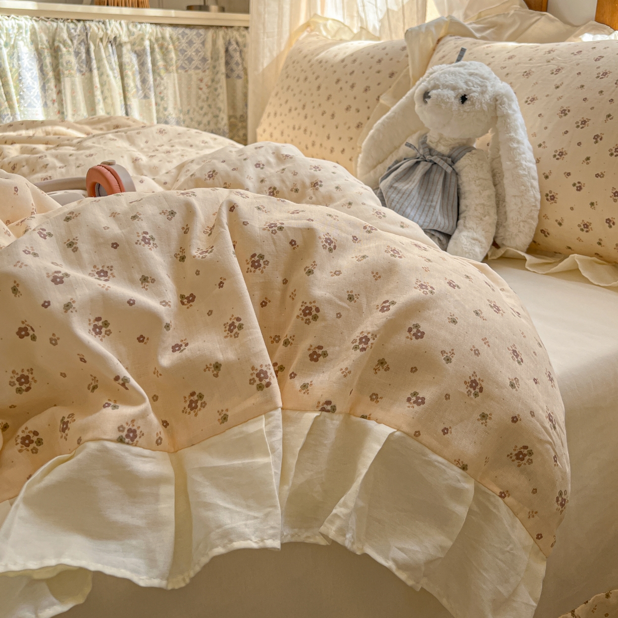 91家纺网 家纺一手货源 找家纺 （总）耀悦家纺 2026新款全棉纯棉双层纱花边四件套a类新中式小清新床笠枕套被套